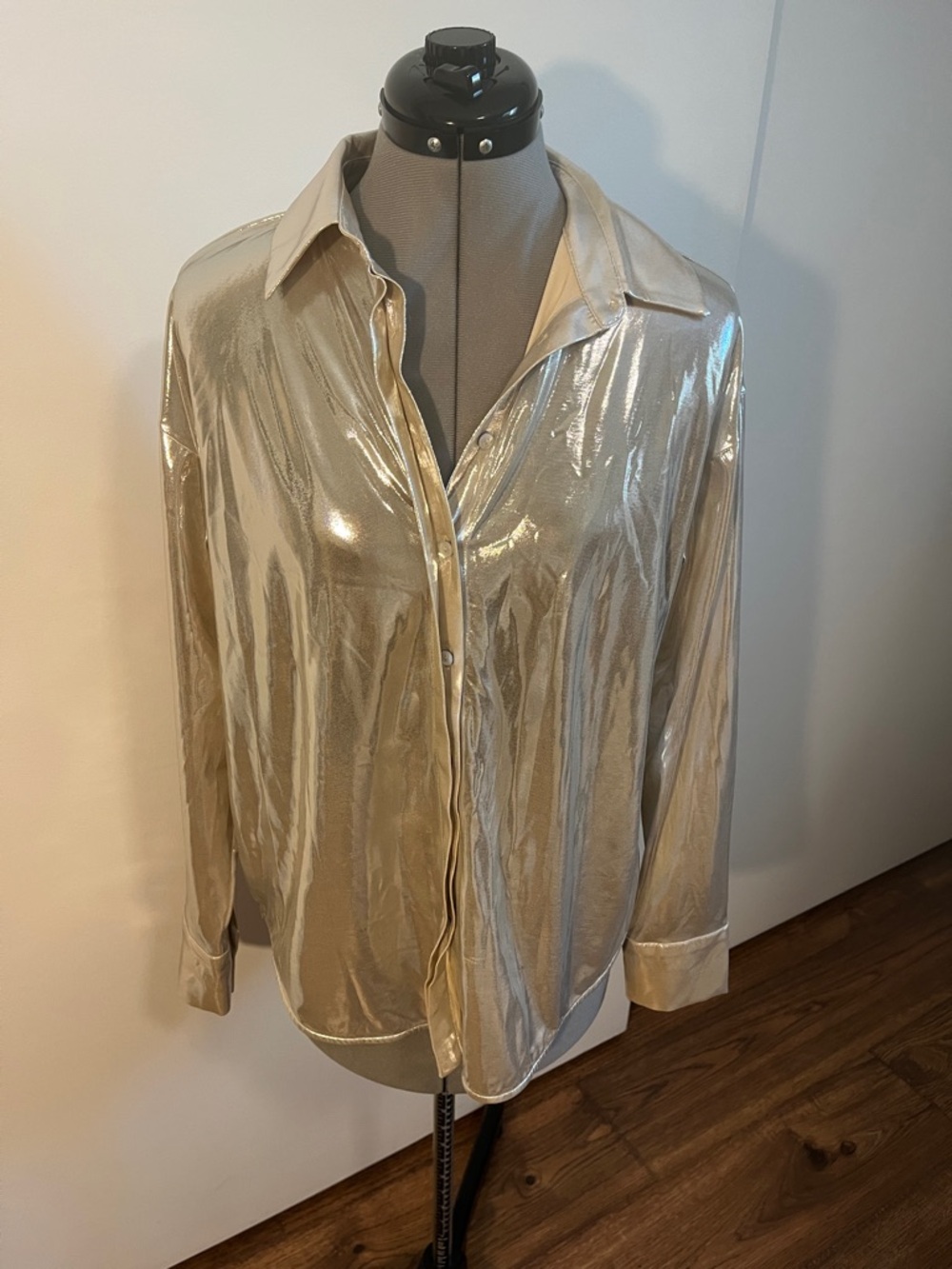 Anthropologie Metallic Silver Button-Up Top